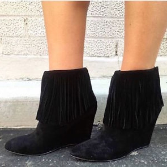 Chinese Laundry Shoes - NIB Black Chic Boho Fringe Pointy Toe Wedge Boots